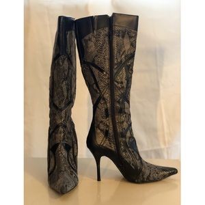 New snake skin style, black and gray heel boots.